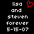 Pixelated text and a red heart symbol on black background, with two identical static frames showing 'lisa and steven forever 5-15-07' in white block letters.