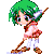 Pixel art character with green hair and elf ears performing a sweeping motion with a broom, wearing pink and white clothing.