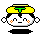Pixelated cartoon character with yellow helmet, green T-shaped visor, white face, black hair, orange cheek marks, and floating white orbs on gray background.