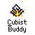 Pixelated icon of a yellow and black patterned sphere with a white and black top, below which is text reading "Cubist Buddy" in blocky font.