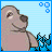 Pixelated cartoon seal with closed eyes and a smile, standing in front of a blue striped background with black and blue pixelated grass, with pink text reading 'Horny Manatee' and '.com' below.