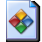 Pixelated icon of a document with a folded corner, featuring four colored diamond shapes arranged in a circle on a light blue background.