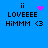 Blue background with black text 'LOVEEEE' and 'HIMMM <3', two vertical lines, and a pink heart or pixel cluster changing position.
