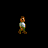 Pixelated character walks left to right, then explodes into blue and orange fragments against black background.
