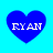 Four blue heart shapes with white text "RYAN" centered on a cyan background, arranged in two of two