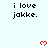 Pixelated text 'i love jakke.' repeated across a light blue background with red heart symbols appearing in different positions.