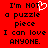 Red background with black pixelated text reading "I'm NOT a puzzle piece I can love ANYONE." and a white heart symbol replacing the 'O' in 'NOT'.