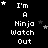 Black background with white pixelated text reading "I'm A Ninja Watch Out" repeated in a , surrounded by small gray and white stars
