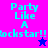 Pixelated text "Party Like A Rockstar!!" in cyan on a split background of pink and purple, with two star symbols below the text.