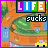 Pixelated of repeated 'LIFE sucks' text with orange and green background, yellow car, and purple border