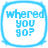 Four identical square icons with rounded corners display the text 'whered you go?' in light blue pixelated font on white background, each bordered by a thin light blue frame.