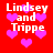 Red background with white text 'Lindsey and Trippe' repeated four times, surrounded by pink heart shapes in various sizes.
