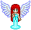 Pixel art angel with red hair and blue wings in multiple poses, some showing a green dress or light blue body.