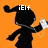 Pixelated black silhouette of a character with bunny ears holding a white object against an orange background, text changes across frames.