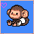 Pixelated monkey icon with brown fur and white chest, blue background, pink heart in top-left corner, text changes from 'M' to 'MonkeY' across frames.
