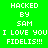 Pixelated text on four colored quadrants: green, pink, olive, and brown, each displaying 'HACKED BY SAM I LOVE YOU FIDELIS!!!' in white block letters.