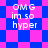 Pixelated text "OMG im so hyper" on a blue and pink checkered background with diamond-shaped pattern variations.