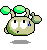 Pixelated green alien-like character with three green orbs on antennae, white eyes, blue tear, and changing hand gestures across frames.