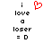 A static pixel art composition with black text and symbols on white background, featuring a red heart symbol above the word 'love'.