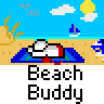 Pixel art animated contact sheet showing five frames of a beach-themed buddy icon with consistent text and background elements across all frames.