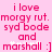 Pixelated pink text on a light pink background reads 'i love morgy rut. syd bode and marshall :]' with white sparkles above the last word.