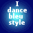 Four identical circular icons with blue gradient backgrounds display white text reading "I dance bleu style" in pixelated font.