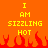 Yellow pixelated text on orange background with red flames at bottom, reading "I AM SIZZLING HOT" in two identical vertical
