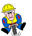 Animated cartoon construction worker icon with three sequential frames showing drilling motion, yellow hard hat and safety vest, blue overalls with red stains, gray background transparency.