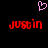 Pixelated red text 'justin' appears twice on black background with pink heart symbol above, showing slight horizontal blur variation between