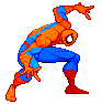 A Spider-Man character in orange and blue costume performs a crouching pose with arms extended, transitioning through of animation