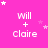 Pink background with white text 'Will + Claire' repeated in a , surrounded by small white and pink stars