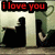 Animated sequence showing two silhouetted figures in a room with heart symbols, transitioning between 'I love you' and 'I hate you' text overlays.