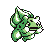 Green pixelated creature with bulbous body and leafy head, shown in multiple poses and animation states with translucent white effects.