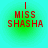 Four identical circular icons with cyan backgrounds and green gradients display red text reading "I MISS SHASHA" with a vertical red line above the text.