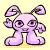 Two side-by-side animated frames of a pink cartoon character with large eyes, bunny ears, and multiple limbs against a yellow background.