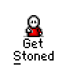 Animated contact sheet of a pixel art character in red shirt with smoke effects and text "Get Stoned" across multiple frames showing motion progression.