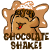 A 6-frame animated contact sheet showing a cartoon chocolate shake character with brown liquid, white powder topping, and red tongue in various poses across six frames.