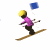 Animated sequence of a skier in pink jacket and yellow helmet performing a jump with blue flag, brown skis on white background.