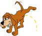 Brown cartoon dog in dynamic pose with tail raised, mouth open showing teeth, and yellow motion trails on gray background.