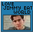 Four pixelated frames of a blue-bordered buddy icon with "LOVE JIMMY EAT WORLD" text above each frame, showing different people and scenes in low-resolution images.