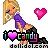 Pixelated cartoon character with blonde hair and purple eyeshadow wears a purple top, black shorts, and orange shoes while holding a pink heart-shaped object.