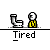A 4x4 grid of pixel art frames showing a yellow stick figure character interacting with toilet and trash can props across multiple animation states, each labeled "Tired" below the frame.