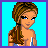 Pixelated character with brown braided hair and blue eyes, wearing a gray halter top with white trim, standing against a bright blue background.