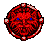 Red circular icon with white accents and blue eyes, displaying subtle animation changes