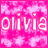 A pink and white pixelated image with the text 'olivia' displayed in three variations across a cloudy background.