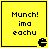 Yellow square with black border containing text "Munch! ima eachu" and a Pac-Man icon, displayed in four identical
