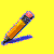A yellow background displays a pencil drawing a series of shapes including lines, circles, and spirals in various colors.
