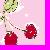 Pixelated static icon featuring two red cherries with green stems on a pink background, bordered by bright magenta edges.