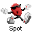 Red pixelated character with black sunglasses and white gloves performs various skating poses on gray background, labeled 'Spot' below each frame.