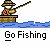 Pixel art scene of a character fishing from a boat with a fish hook, repeated across showing different fish and background variations
